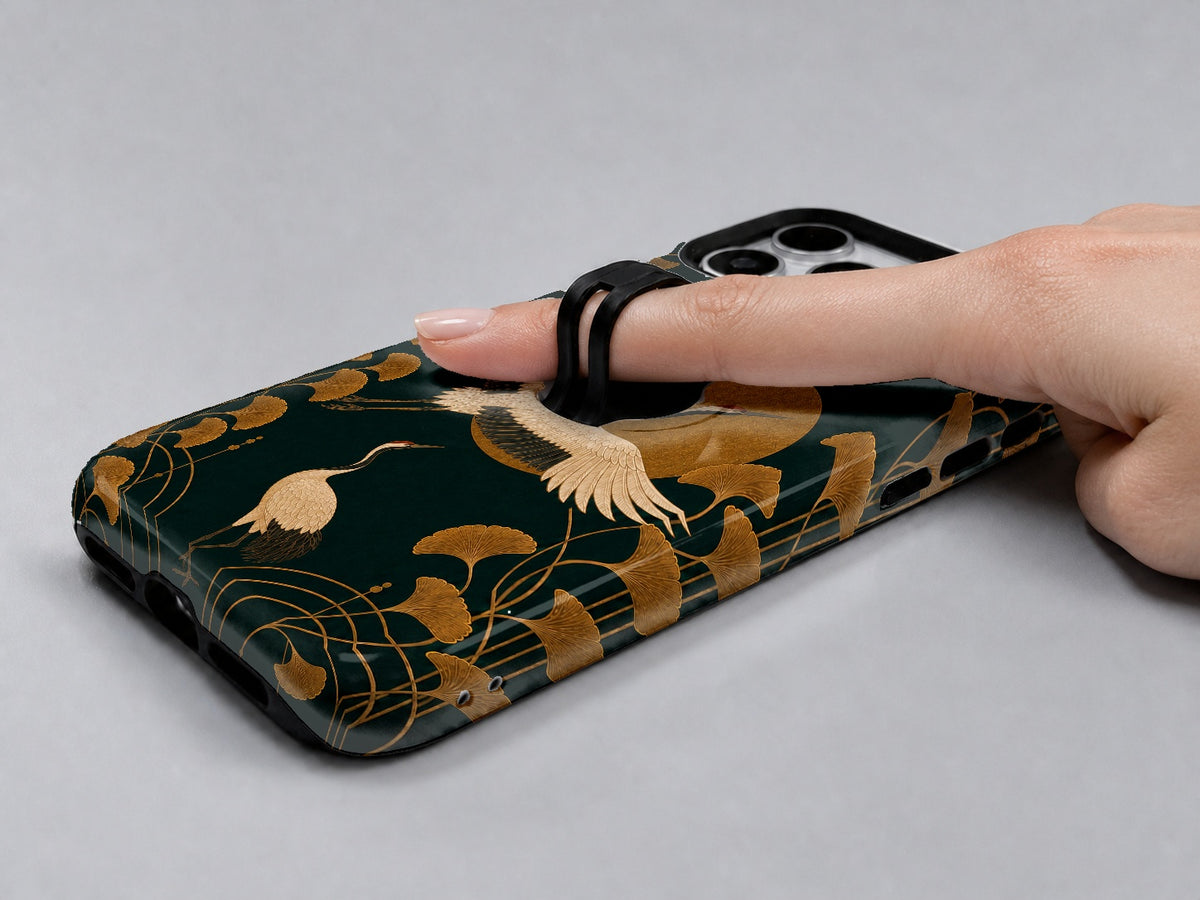 Dark Green Crane MagSafe Loop iPhone Case shown in use with a finger through the horizontal loop