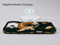 Dark Green Crane MagSafe Loop iPhone Case shown with a MagSafe-compatible wireless charger attached
