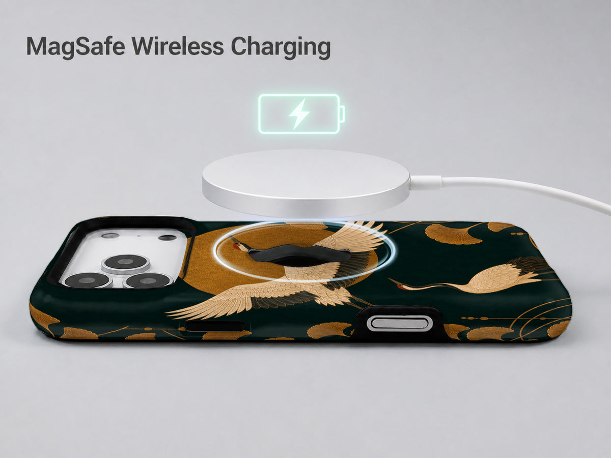 Dark Green Crane MagSafe Loop iPhone Case shown with a MagSafe-compatible wireless charger attached