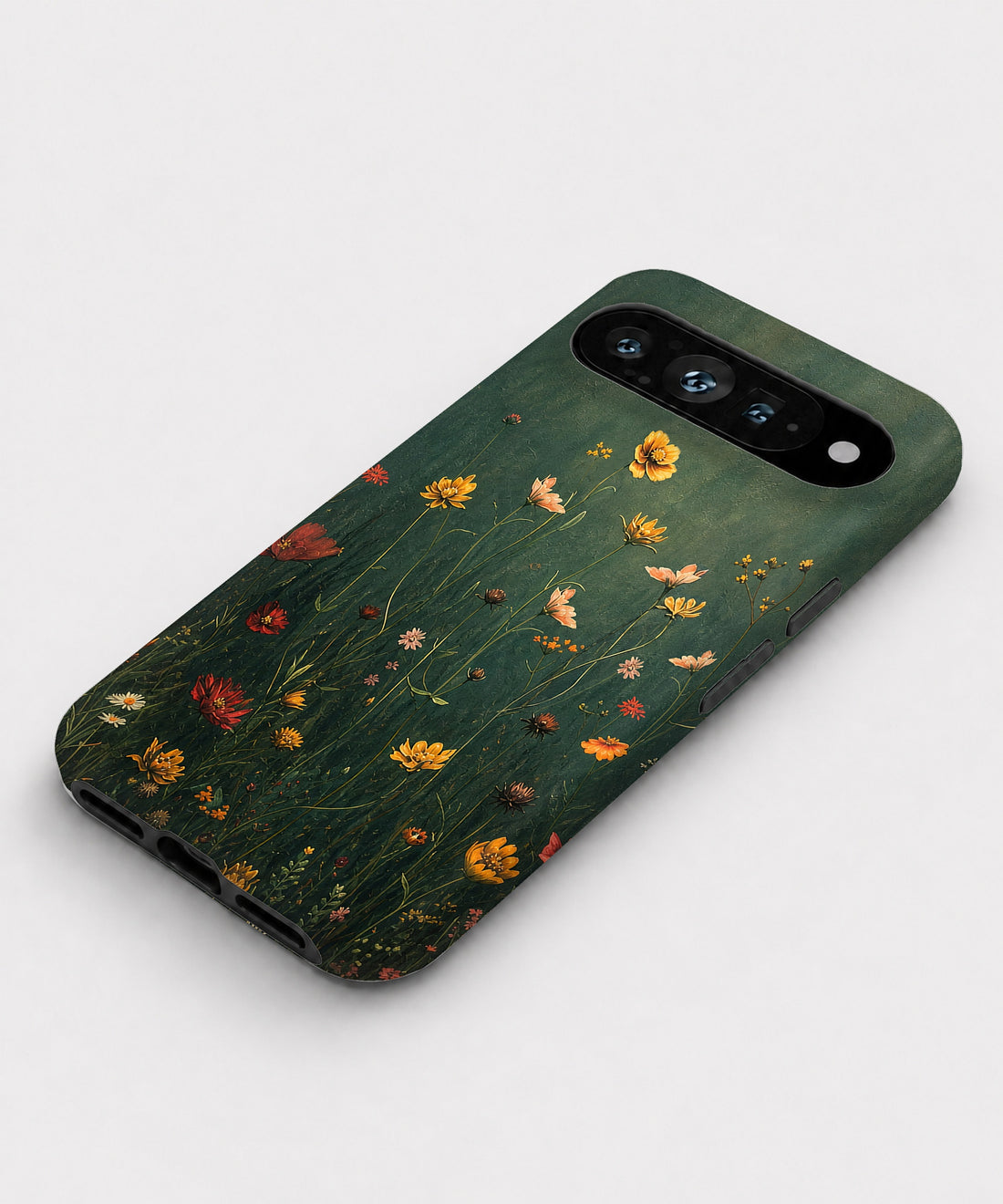 Dark Green Golden Wildflower Meadow Google Pixel case with botanical flowers and leaves