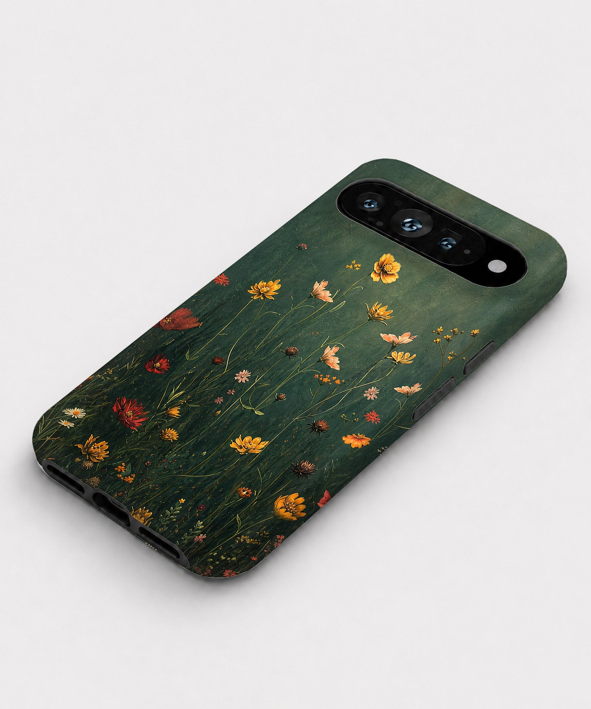 Dark Green Golden Wildflower Meadow Google Pixel case front view