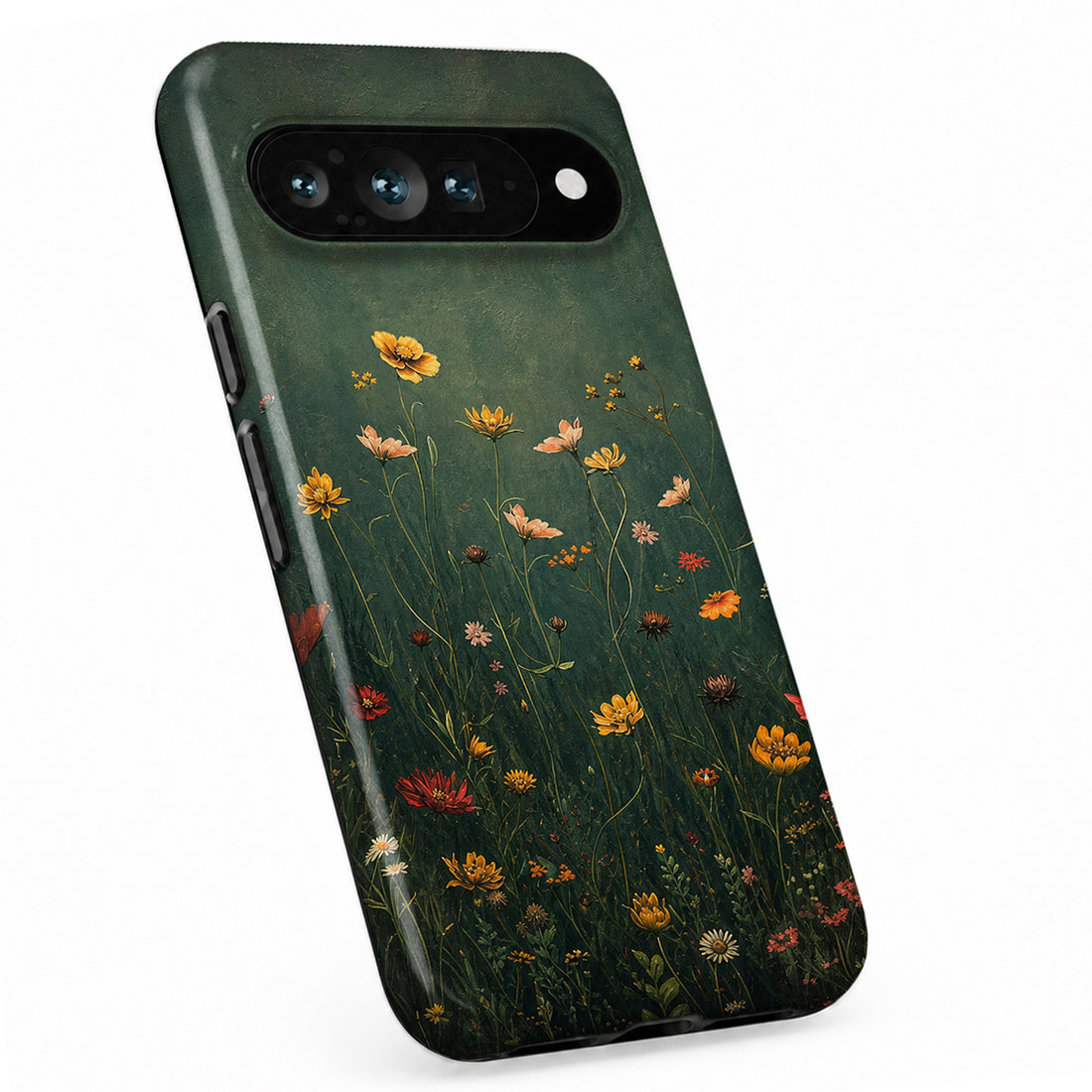 Dark Green Golden Wildflower Meadow Google Pixel case with botanical flowers and leaves
