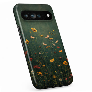 Dark Green Golden Wildflower Meadow Google Pixel case with botanical flowers and leaves