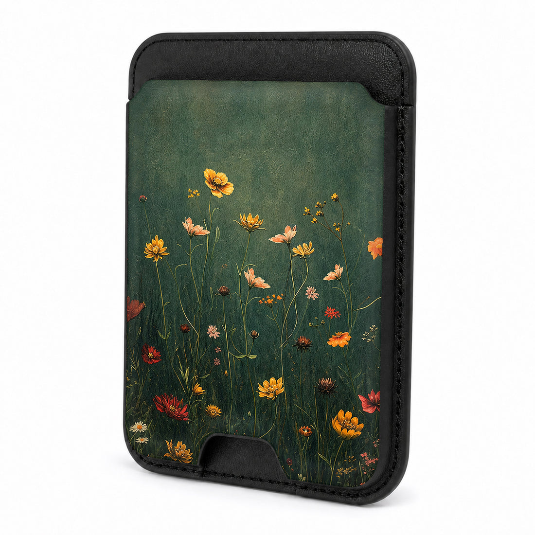 Front view of the Dark Green Golden Wildflower Meadow MagSafe card holder on a white background