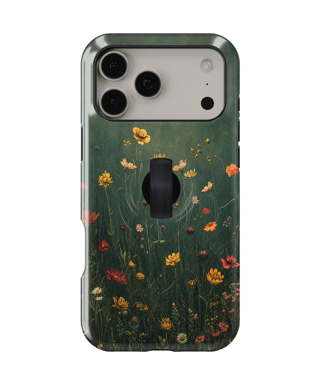 Dark Green Golden Wildflower Meadow MagSafe Loop iPhone Case with built-in finger loop closed