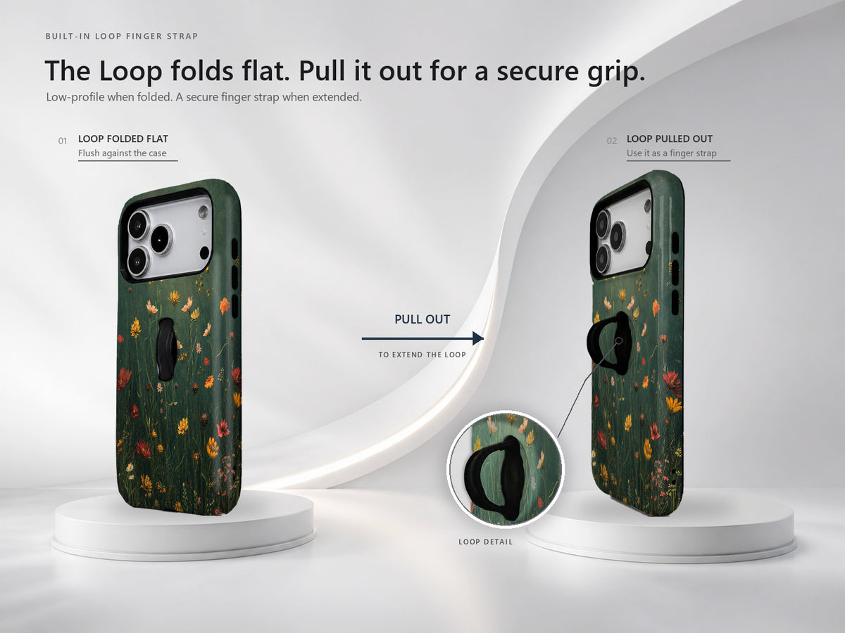Dark Green Golden Wildflower Meadow MagSafe Loop iPhone Case side view showing the built-in finger loop