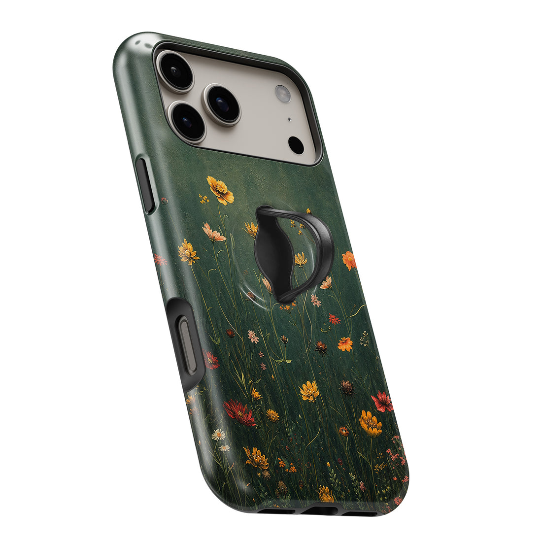 Dark Green Golden Wildflower Meadow MagSafe Loop iPhone case with built-in finger loop open