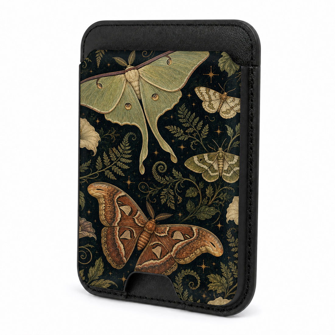 Front view of the Dark Moth Botanical MagSafe card holder on a white background