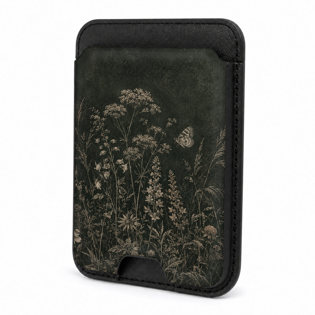 Front view of the Dark Vintage Botanical MagSafe card holder on a white background