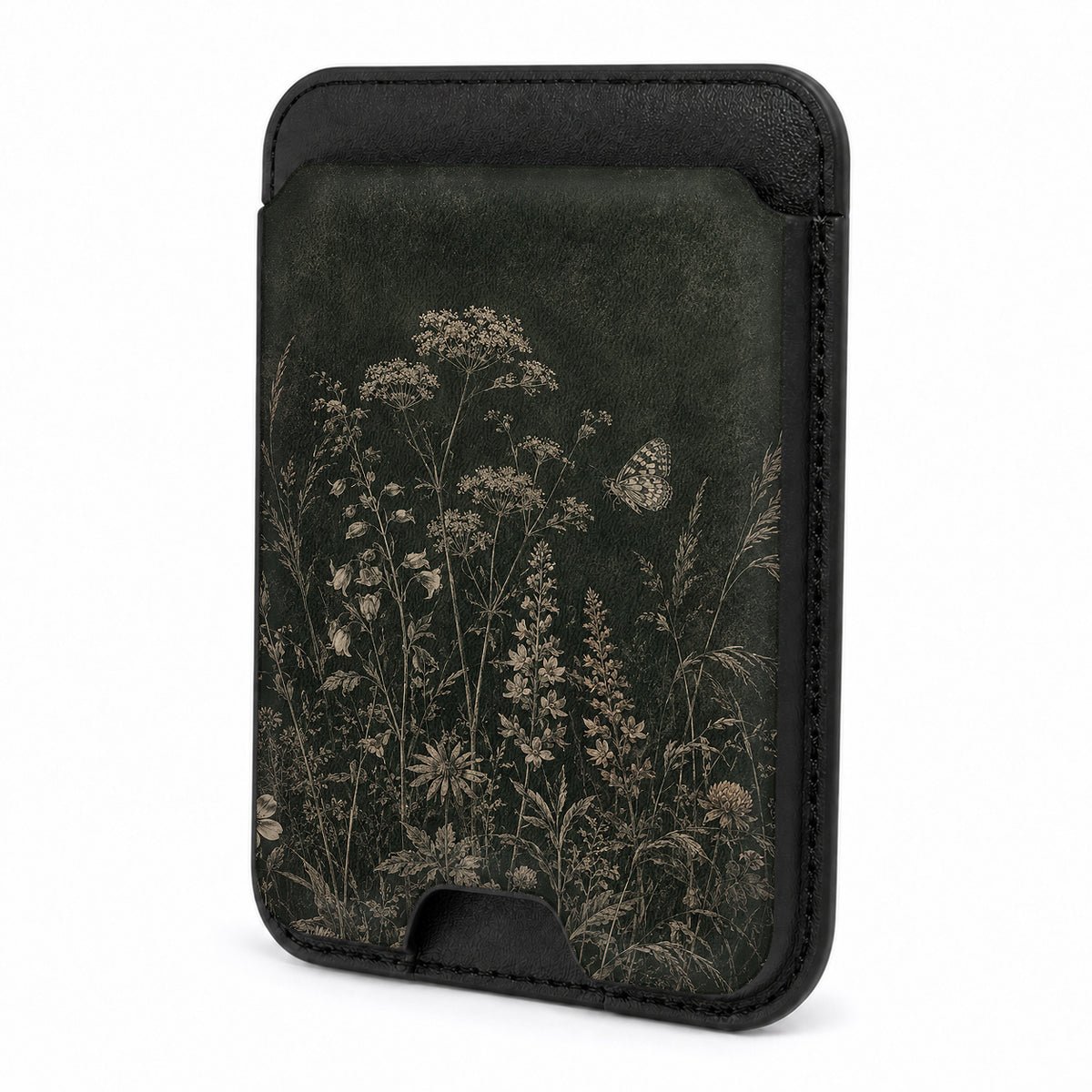 Front view of the Dark Vintage Botanical MagSafe card holder on a white background