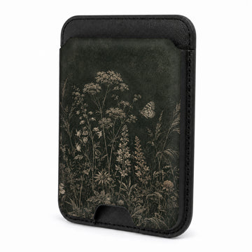 Front view of the Dark Vintage Botanical MagSafe card holder on a white background