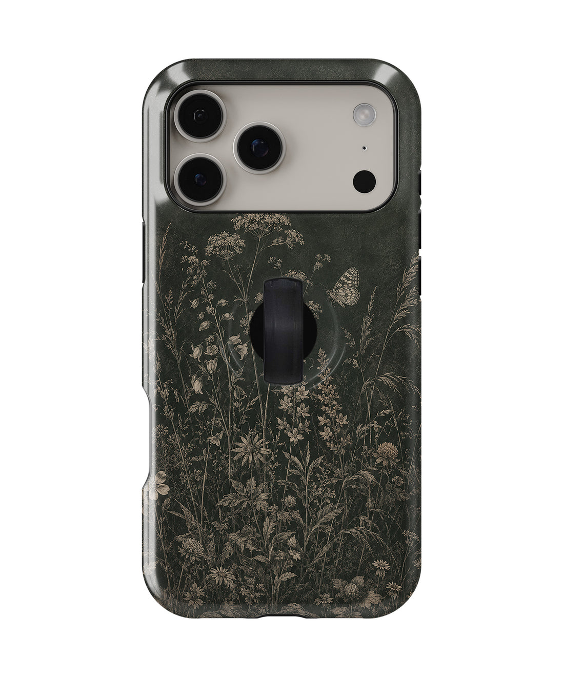 Dark Vintage Botanical MagSafe Loop iPhone Case with built-in finger loop closed