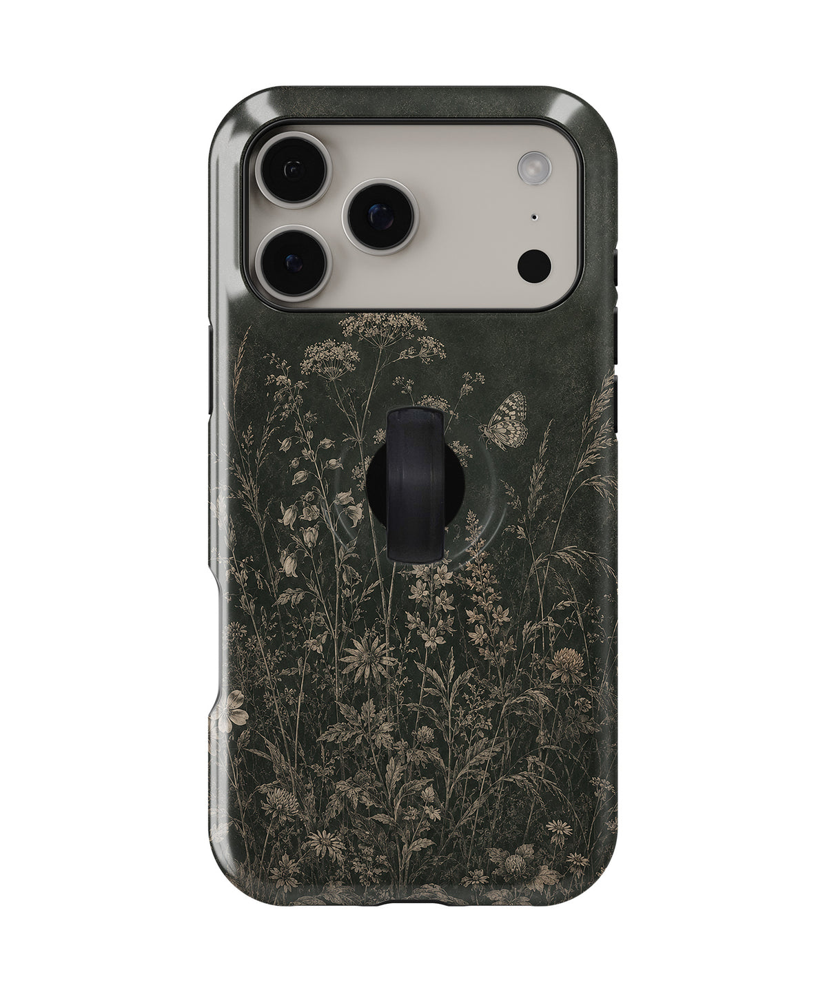 Dark Vintage Botanical MagSafe Loop iPhone Case with built-in finger loop closed