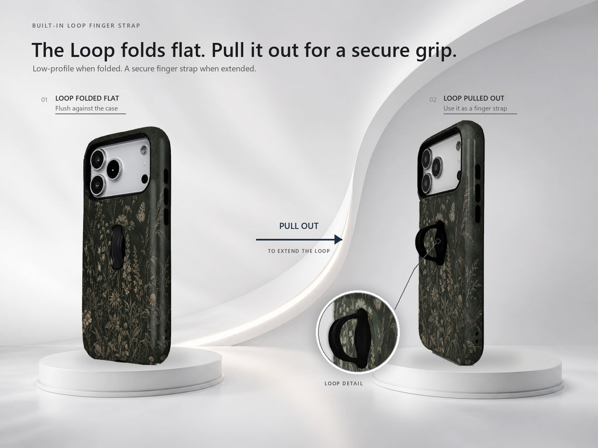 Dark Vintage Botanical MagSafe Loop iPhone Case side view showing the built-in finger loop