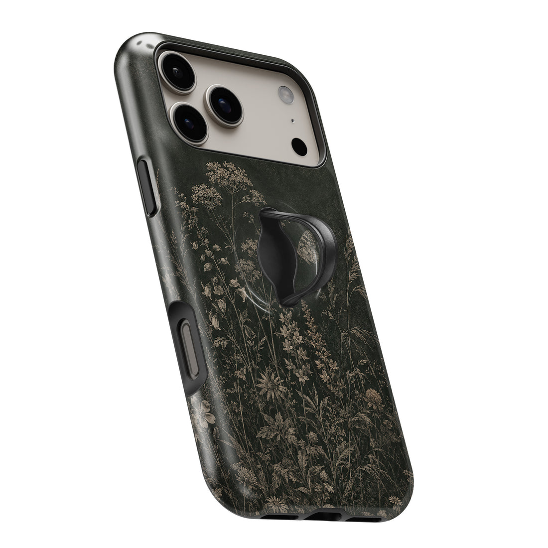 Dark Vintage Botanical MagSafe Loop iPhone case with built-in finger loop open