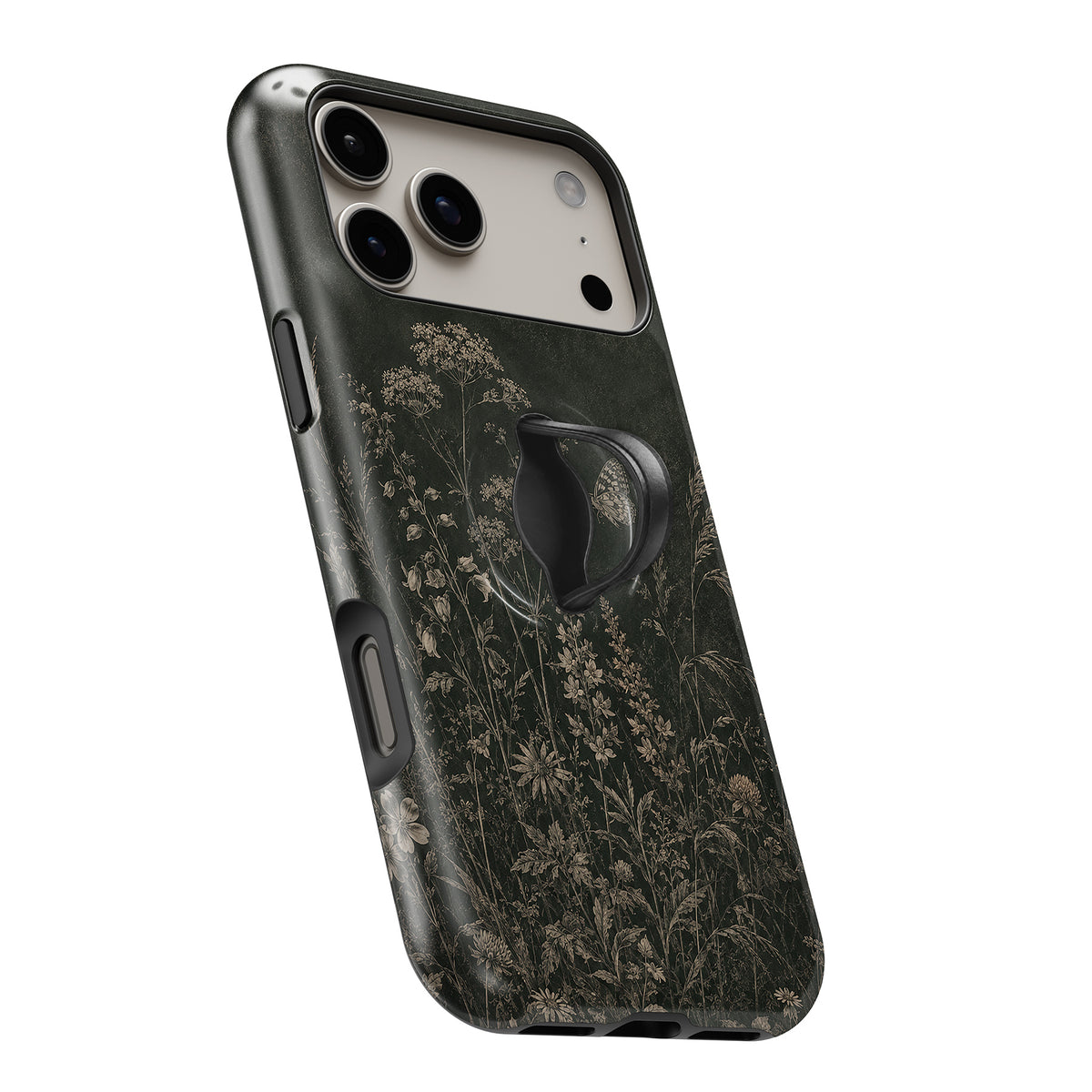Dark Vintage Botanical MagSafe Loop iPhone case with built-in finger loop open