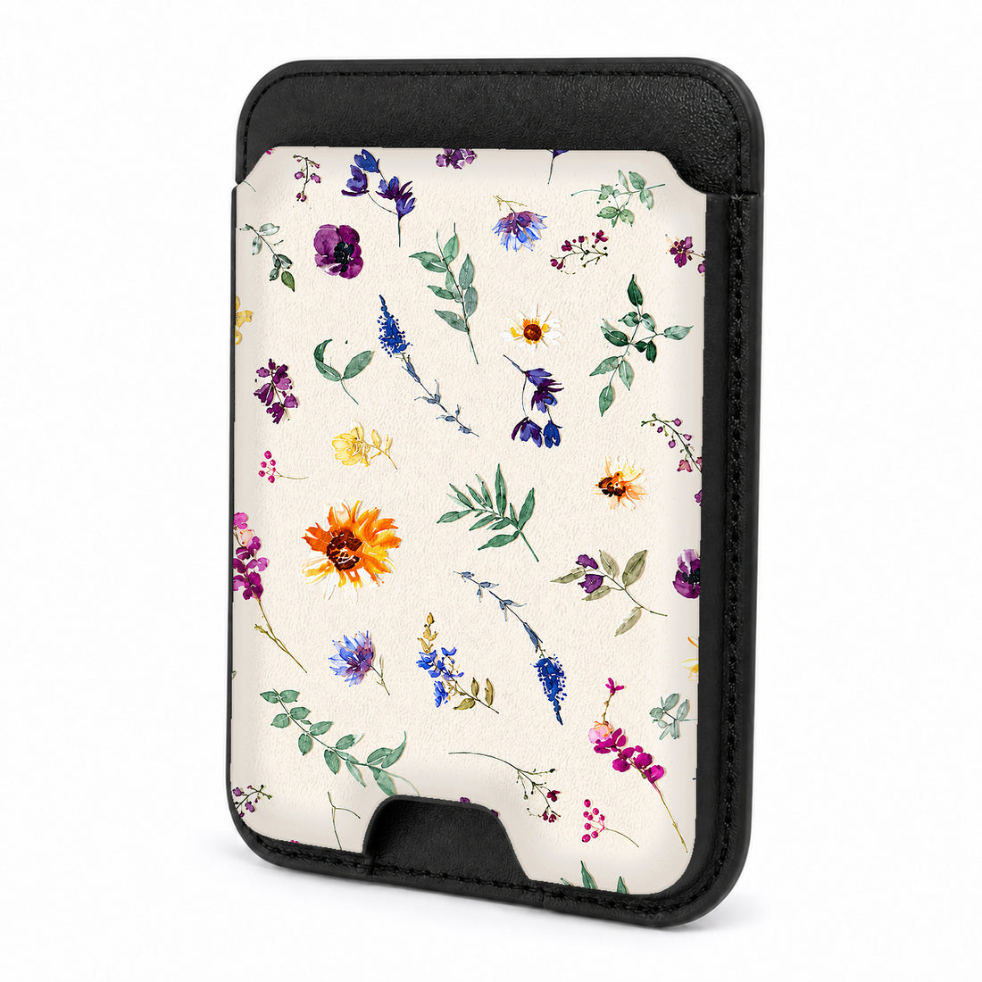 Front view of the Delicate Mixed Wildflower MagSafe card holder on a white background
