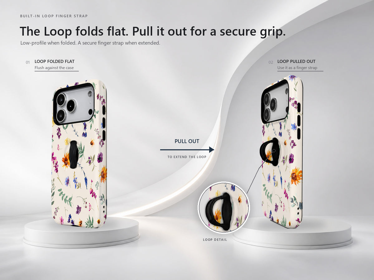 Delicate Mixed Wildflower MagSafe Loop iPhone Case side view showing the built-in finger loop