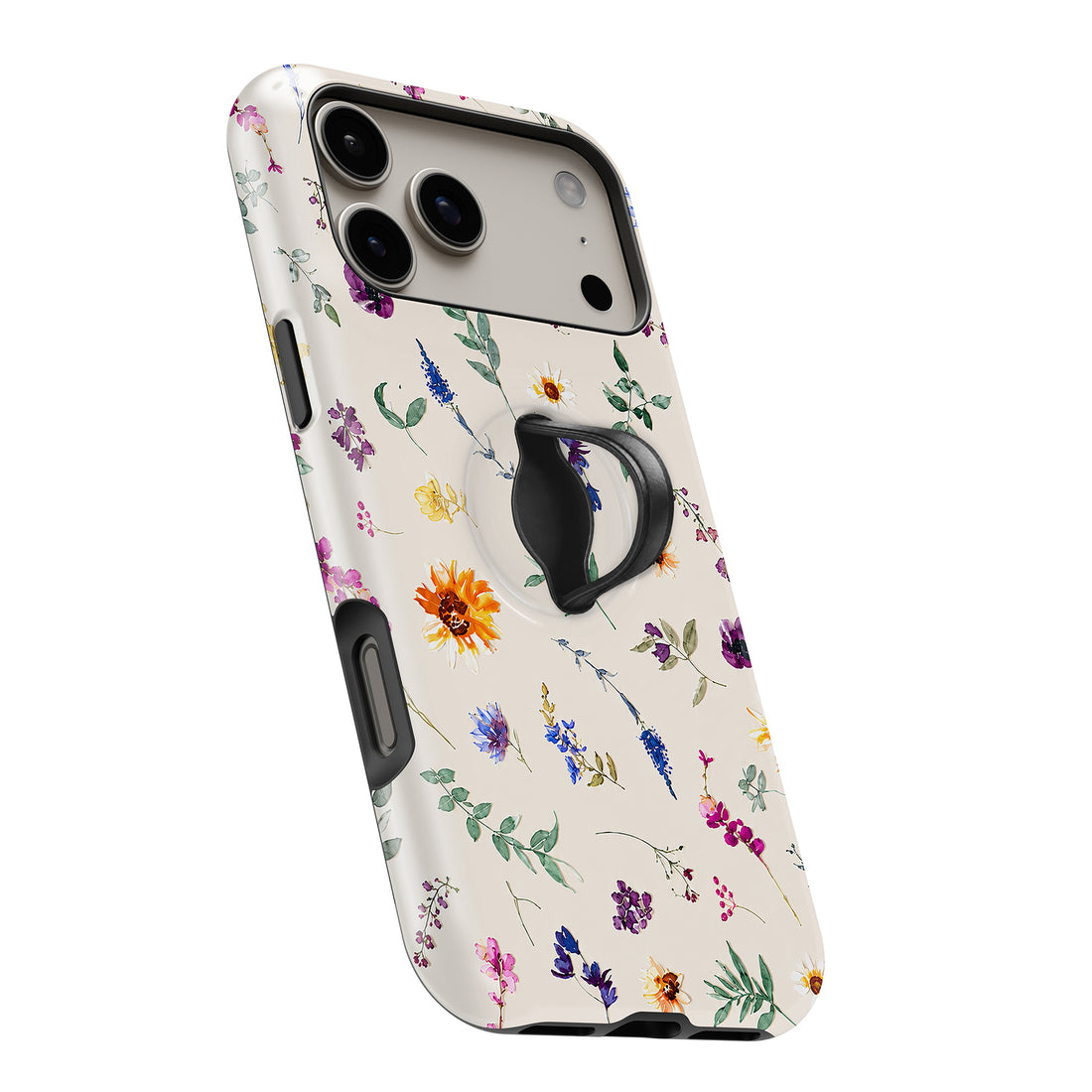 Delicate Mixed Wildflower MagSafe Loop iPhone case with built-in finger loop open