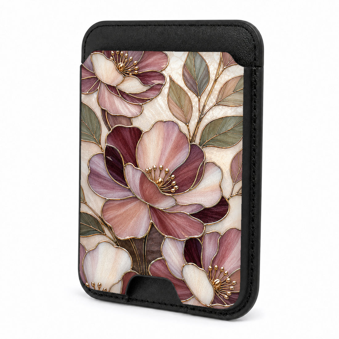 Front view of the Dusty Rose Magnolia Floral MagSafe card holder on a white background