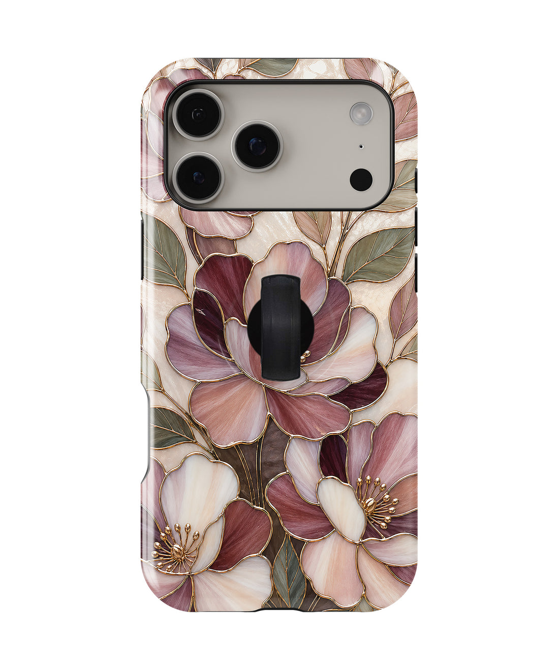 Dusty Rose Magnolia Floral MagSafe Loop iPhone Case with built-in finger loop closed