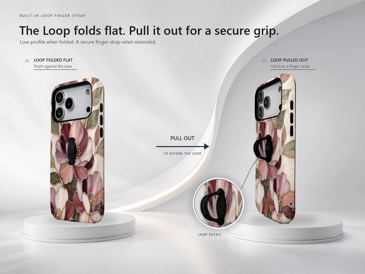 Dusty Rose Magnolia Floral MagSafe Loop iPhone Case side view showing the built-in finger loop