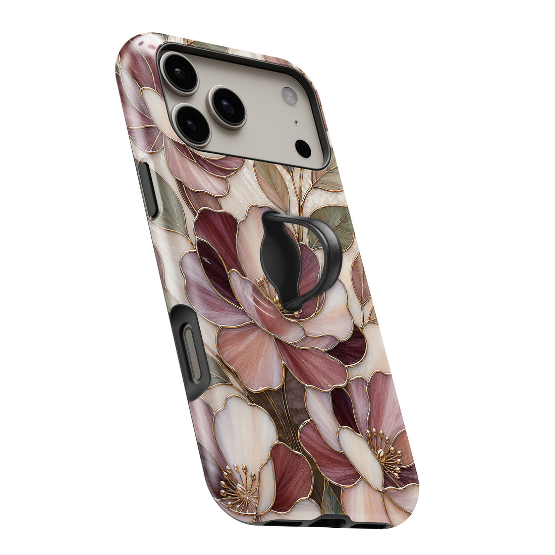 Dusty Rose Magnolia Floral MagSafe Loop iPhone case with built-in finger loop open