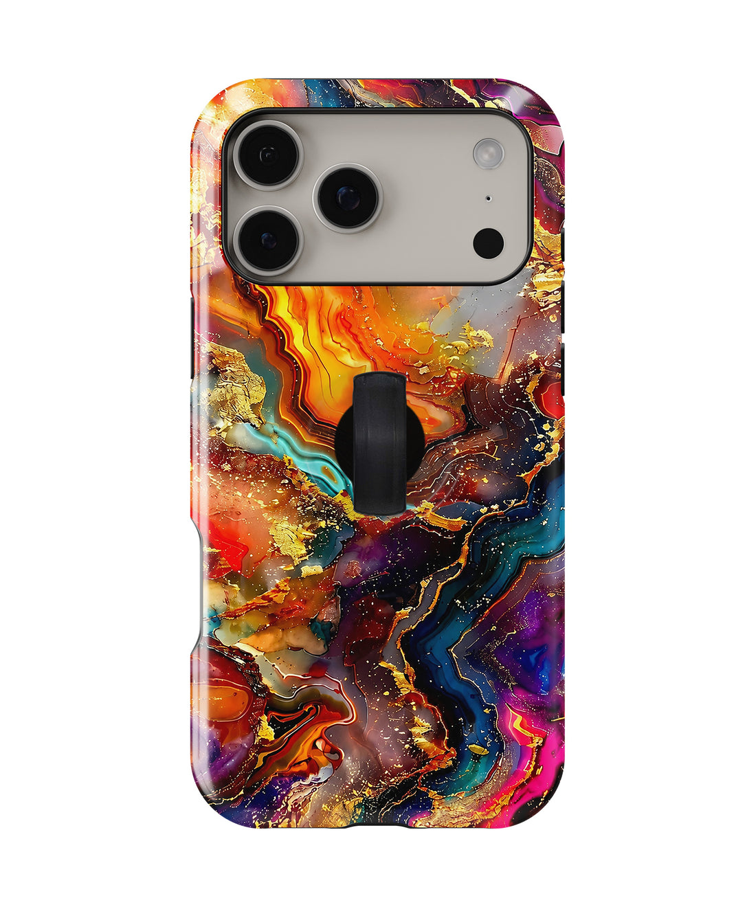Fiery Agate Marble MagSafe Loop iPhone Case with built-in finger loop closed