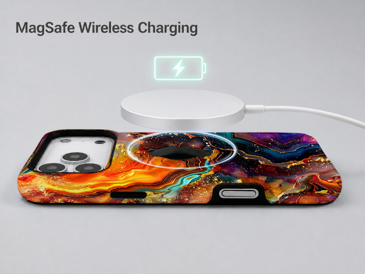 Fiery Agate Marble MagSafe Loop iPhone Case shown with a MagSafe-compatible wireless charger attached