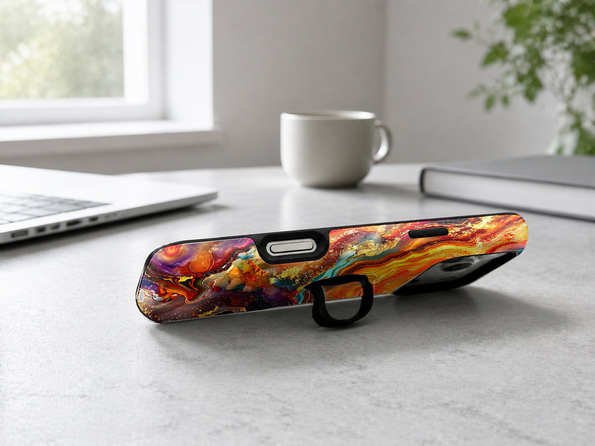 Fiery Agate Marble MagSafe Loop iPhone Case shown in a neutral white professional lifestyle setting