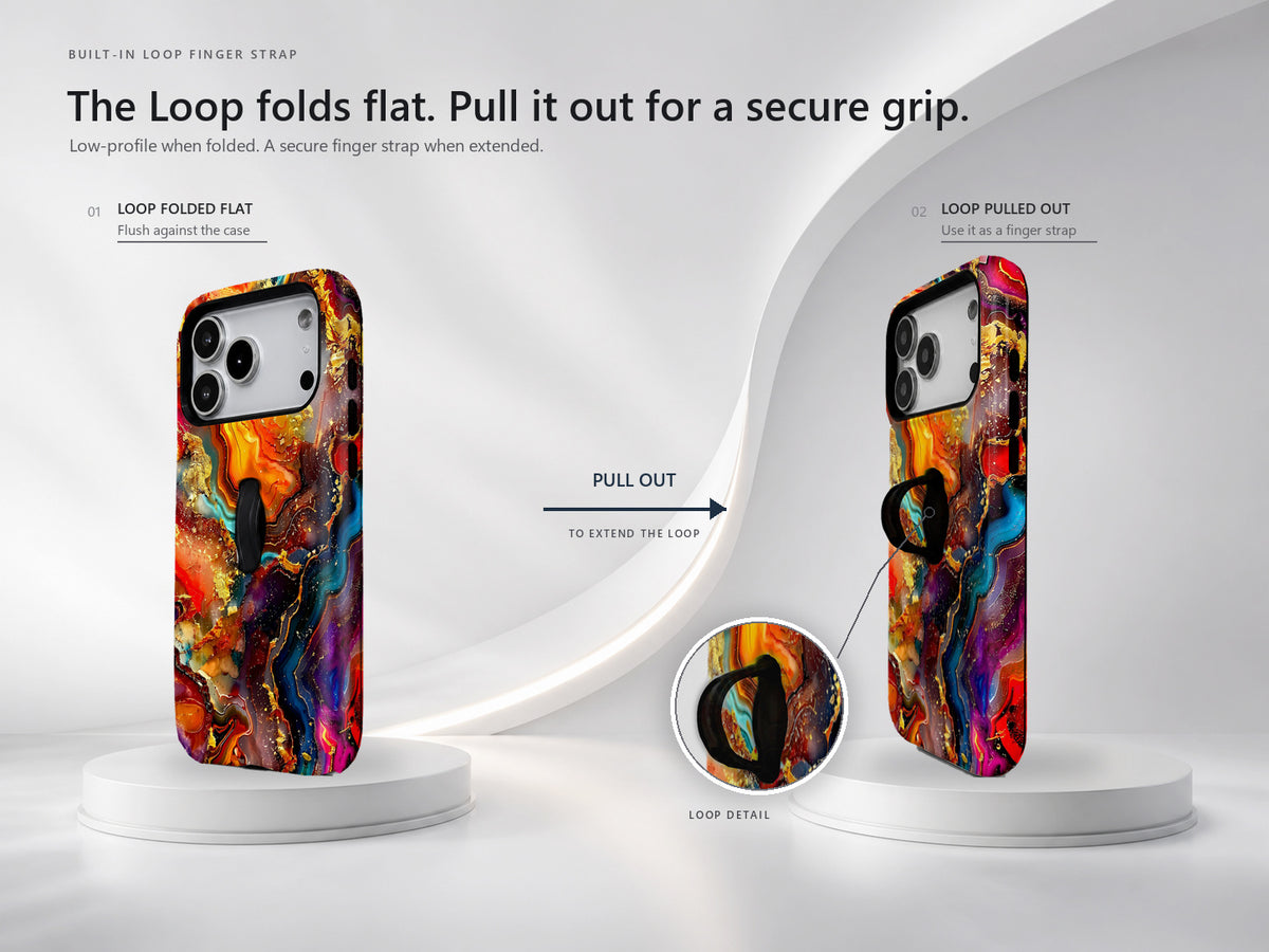 Fiery Agate Marble MagSafe Loop iPhone Case side view showing the built-in finger loop