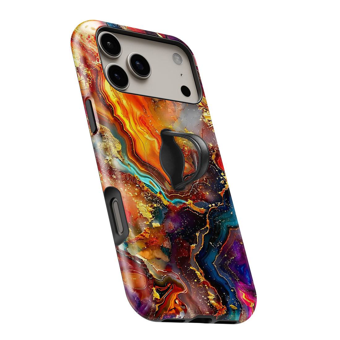Fiery Agate Marble MagSafe Loop iPhone case with built-in finger loop open