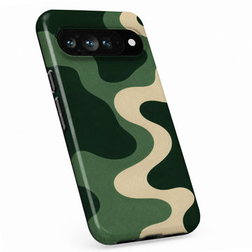 Forest Green Abstract Wave Google Pixel case with illustrated scenic artwork
