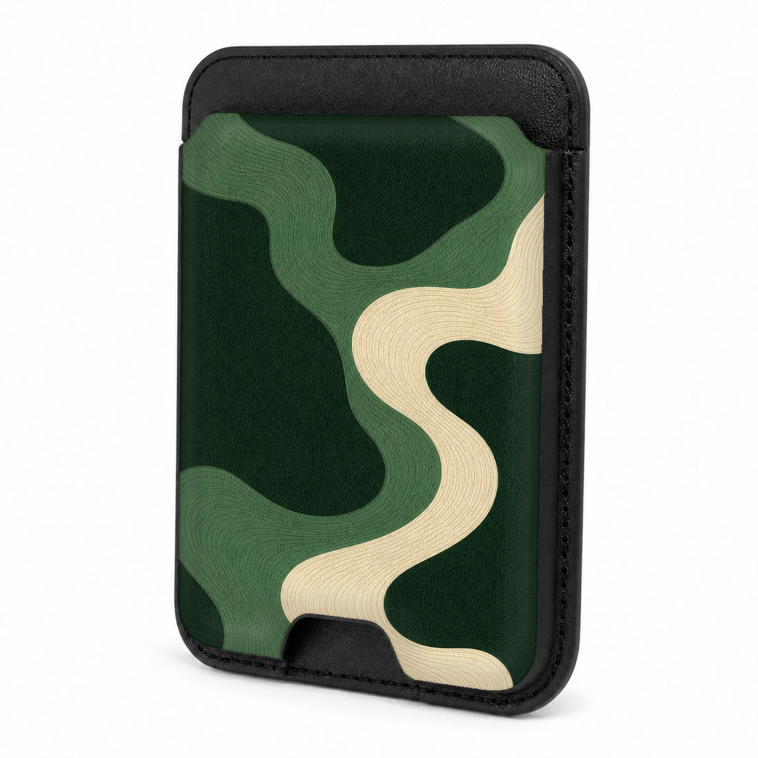 Front view of the Forest Green Abstract Wave MagSafe card holder on a white background