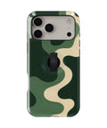 Forest Green Abstract Wave MagSafe Loop iPhone Case with built-in finger loop closed