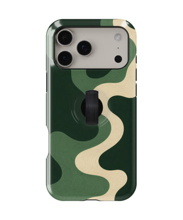 Forest Green Abstract Wave MagSafe Loop iPhone Case with built-in finger loop closed