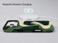 Forest Green Abstract Wave MagSafe Loop iPhone Case shown with a MagSafe-compatible wireless charger attached