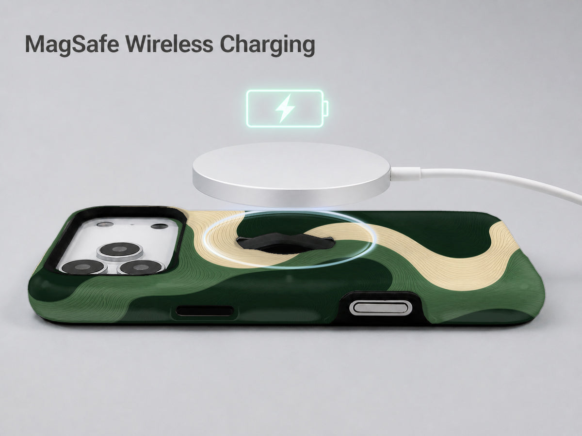 Forest Green Abstract Wave MagSafe Loop iPhone Case shown with a MagSafe-compatible wireless charger attached