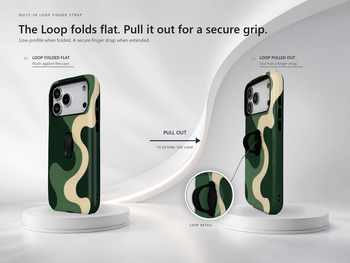 Forest Green Abstract Wave MagSafe Loop iPhone Case side view showing the built-in finger loop