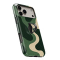 Forest Green Abstract Wave MagSafe Loop iPhone case with built-in finger loop open