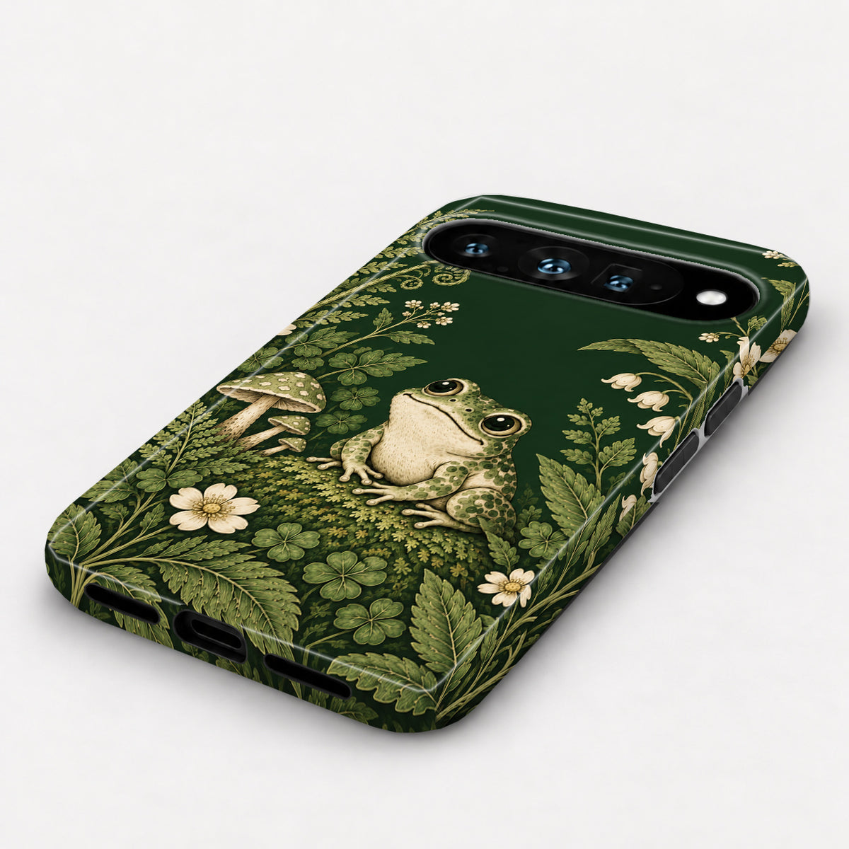 Forest Green Frog and Mushroom Garden Google Pixel Case - angled bottom view
