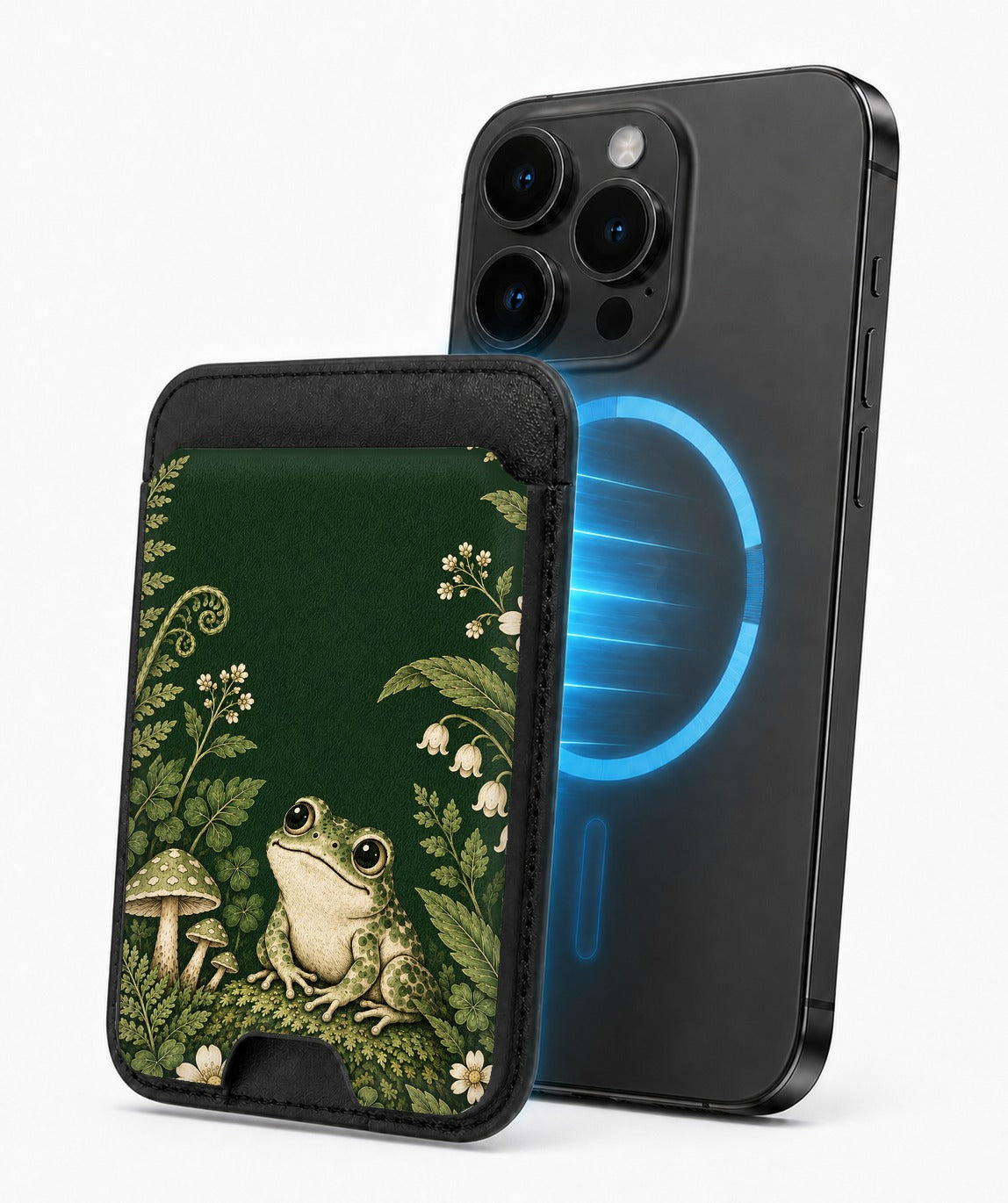 Forest Green Frog and Mushroom Garden MagSafe Card Holder, magnetic attachment to a compatible iPhone