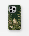 Forest Green Frog and Mushroom Garden MagSafe iPhone Tough Case, rear view, iPhone11-16Pro model image group