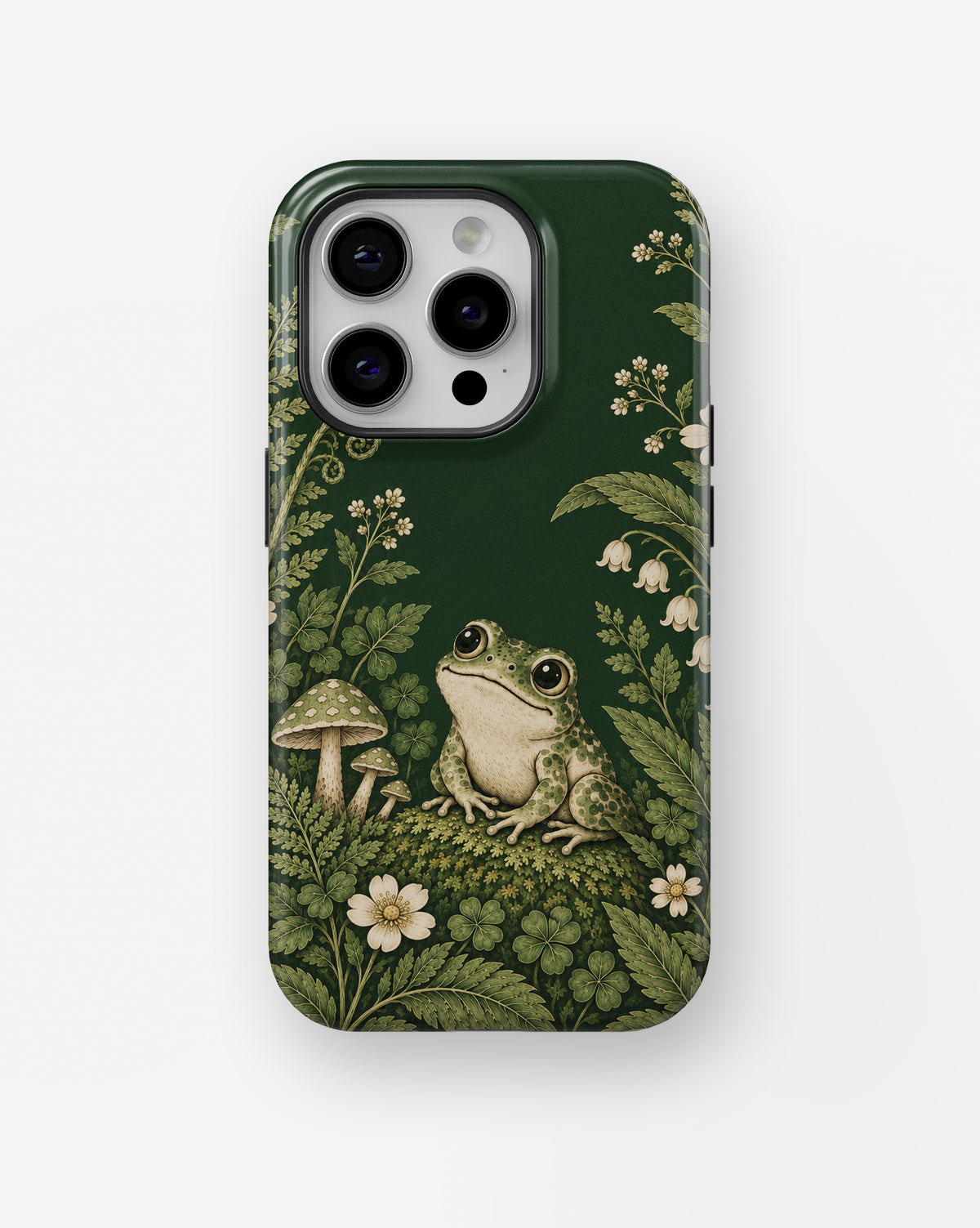 Forest Green Frog and Mushroom Garden MagSafe iPhone Tough Case, rear view, iPhone11-16Pro model image group