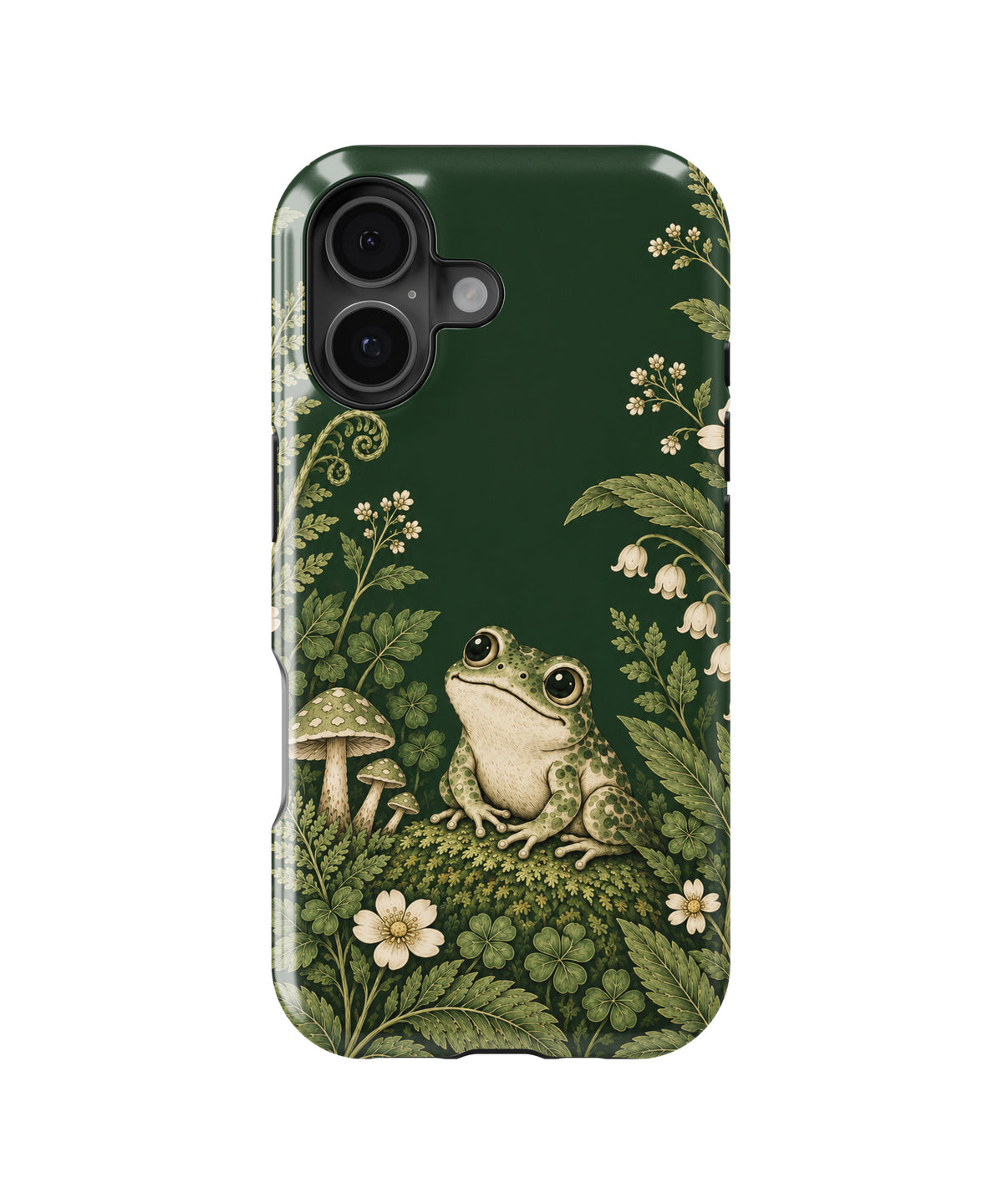 Forest Green Frog and Mushroom Garden MagSafe iPhone Tough Case, rear view, iPhone16+16Plus+17 model image group
