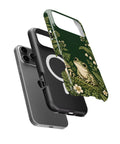 Forest Green Frog and Mushroom Garden MagSafe iPhone Tough Case, exploded view showing outer shell, inner layer and magnetic ring