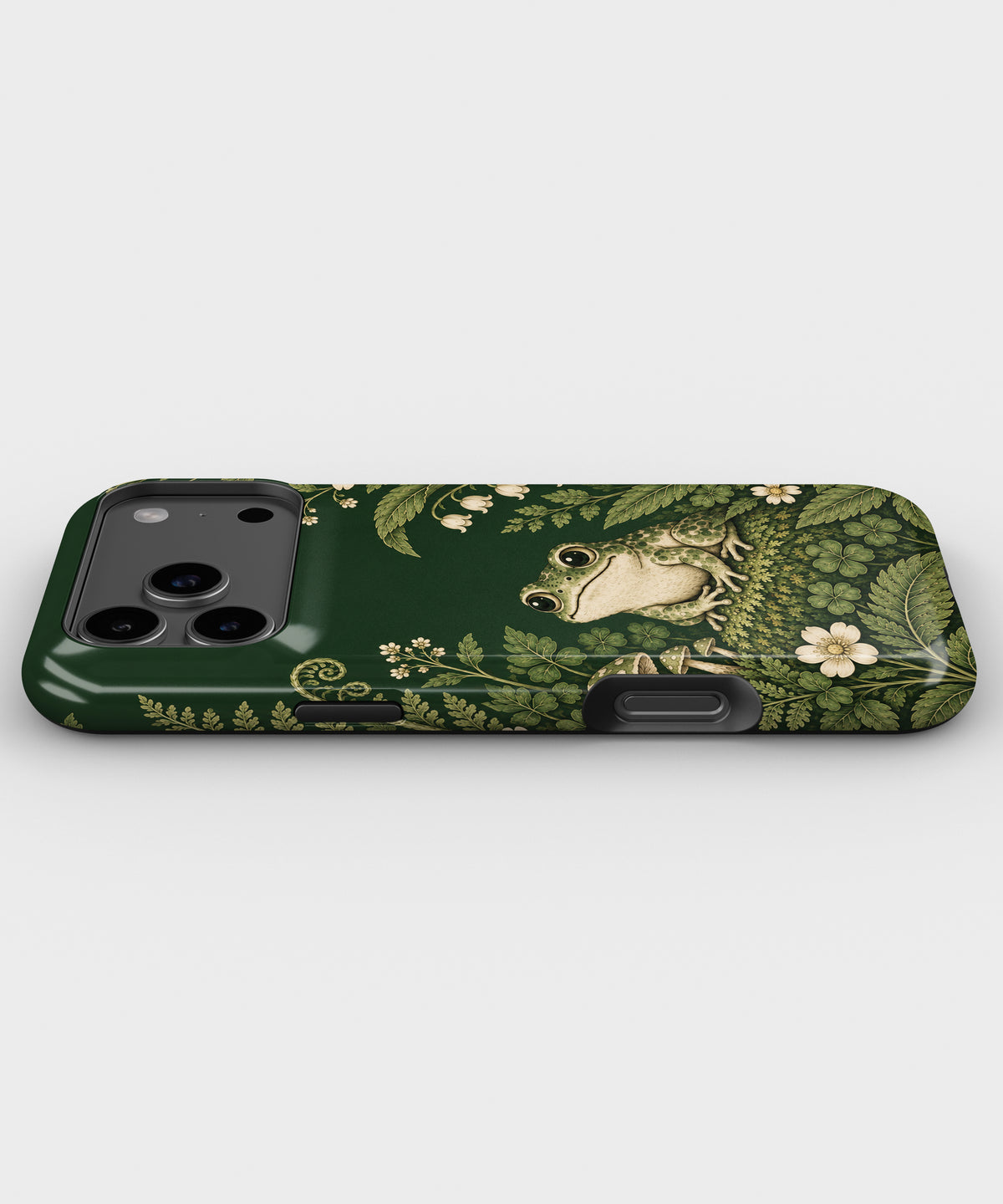 Forest Green Frog and Mushroom Garden MagSafe iPhone Tough Case, side view showing the case edges