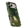 Forest Green Frog and Mushroom Garden MagSafe Loop iPhone Case, angled view with finger loop extended