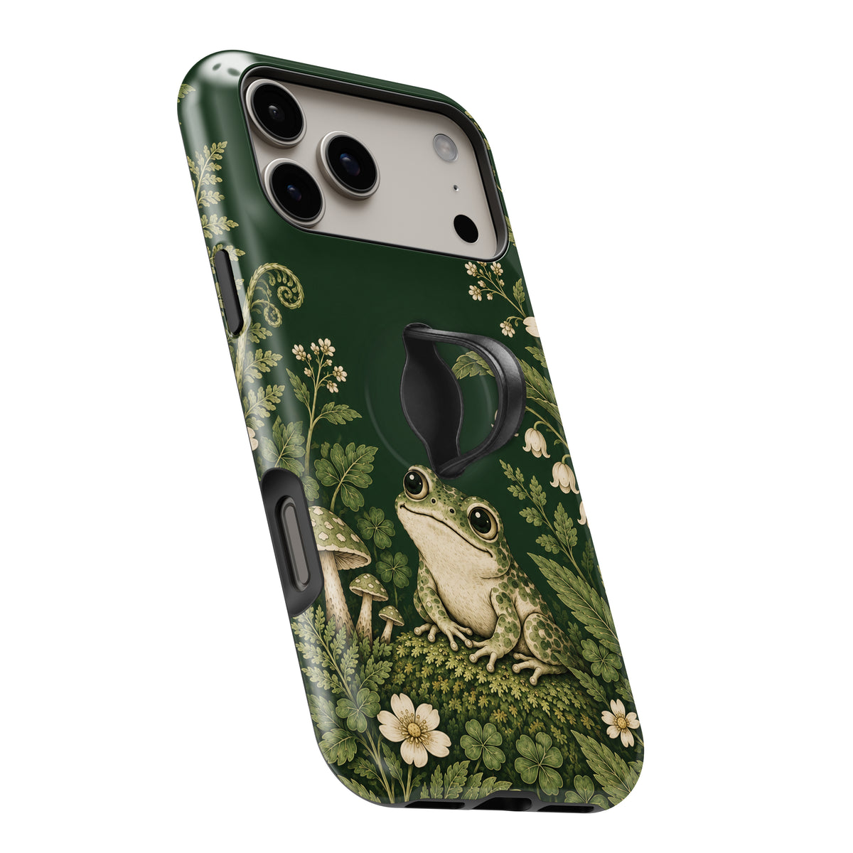 Forest Green Frog and Mushroom Garden MagSafe Loop iPhone Case, angled view with finger loop extended