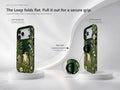 Forest Green Frog and Mushroom Garden MagSafe Loop iPhone Case, finger loop folded and extended positions